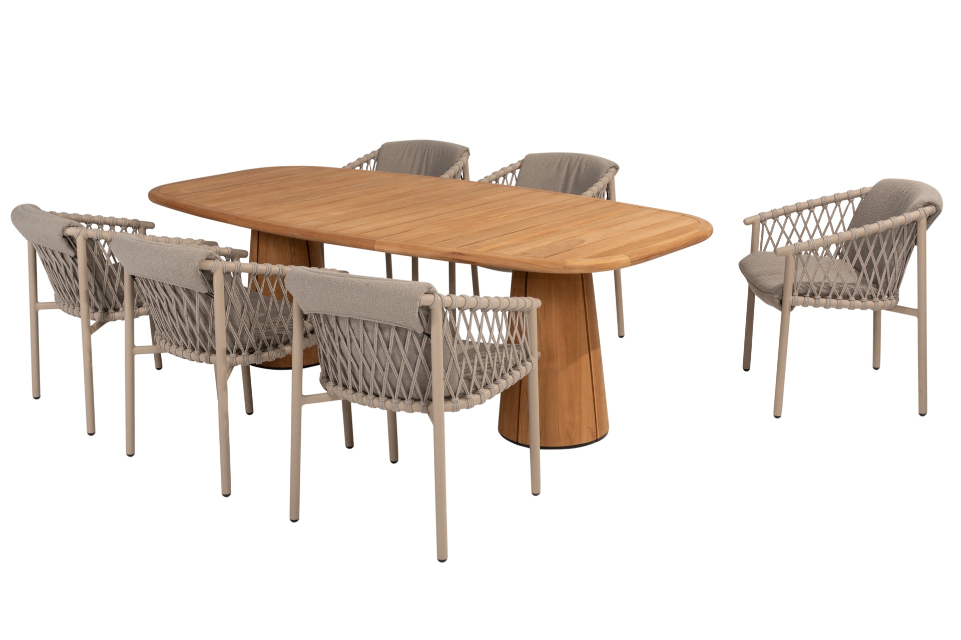 Allora dining set Latte with Capri barrel teak table 240x110cm - Complete Set