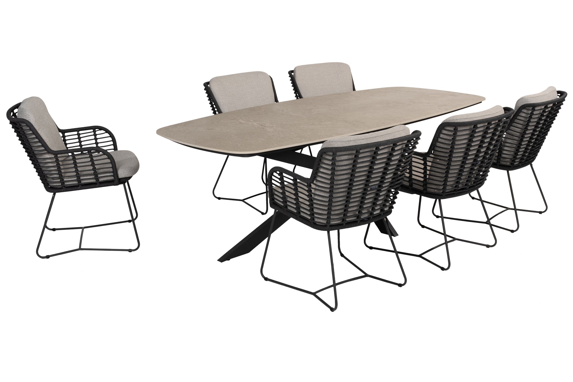 Fabrice dining set Anthracite with Prado barrel shape dining table 240x105cm - Complete Set