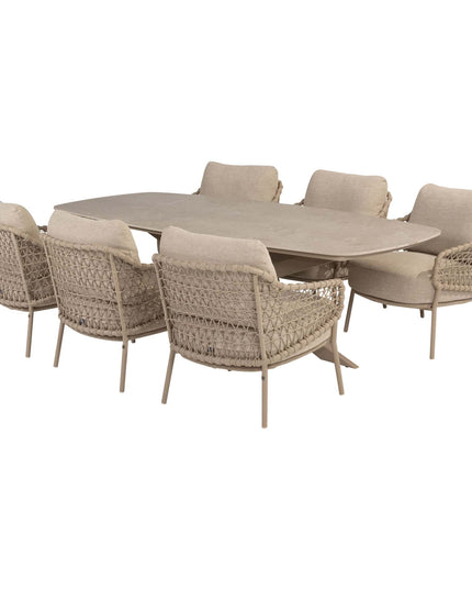 4 Seasons Outdoor Garten Sardinia niedriger Esstuhl + Nevada Low Ess Tisch-Fass-Form 250 cm Latte
