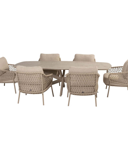 4 Seasons Outdoor Garten Sardinia niedriger Esstuhl + Nevada Low Ess Tisch-Fass-Form 250 cm Latte