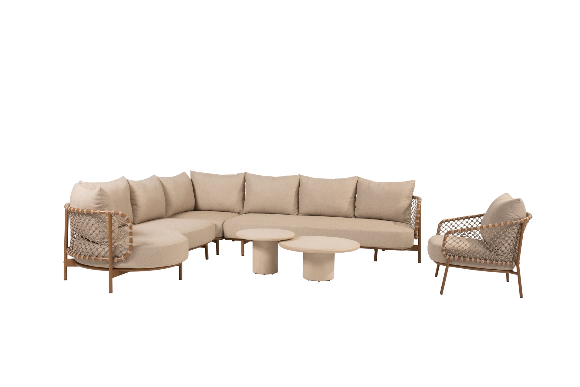 4SO Martinique modular corner lounge set amber with lounge chair and Hampton tables