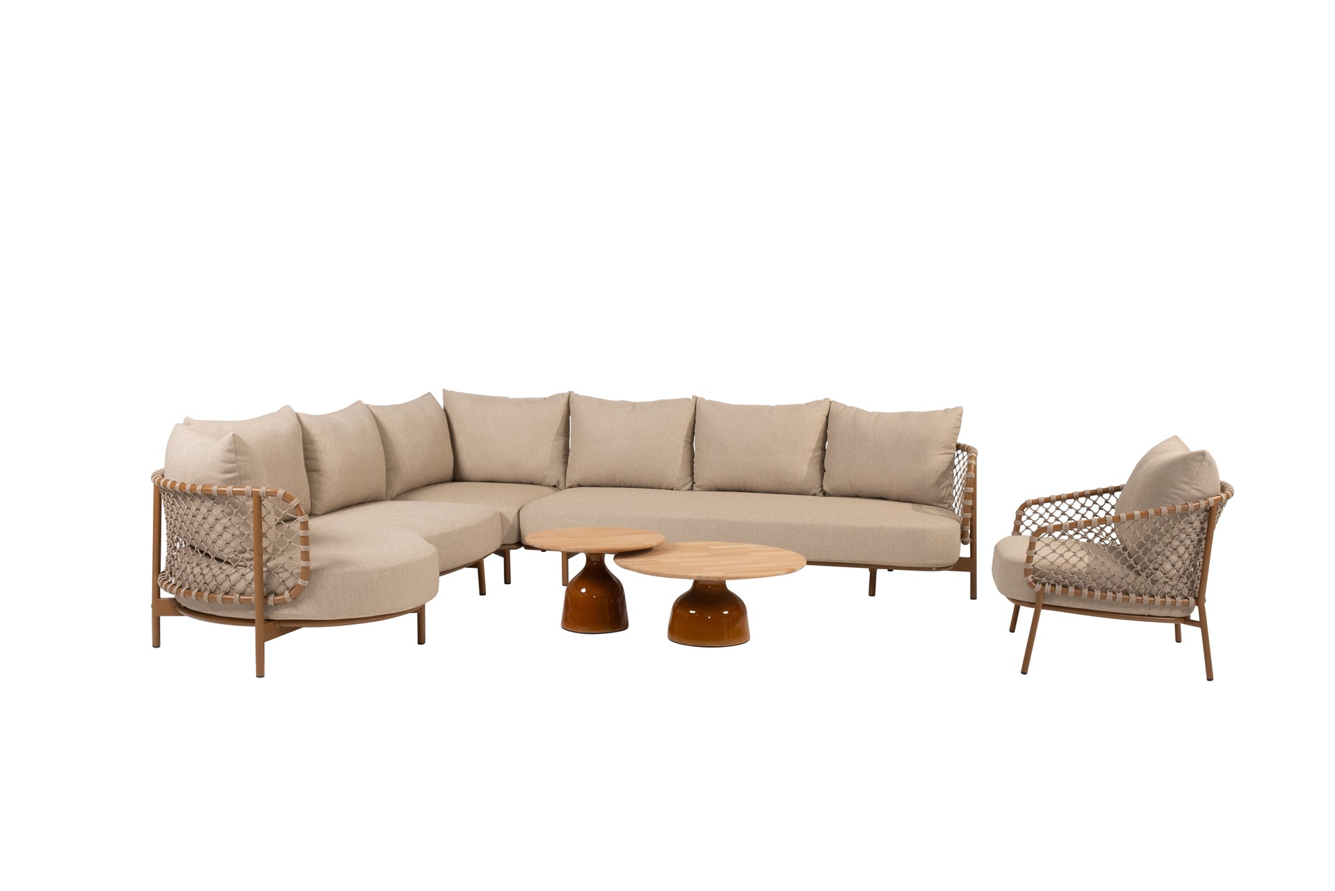 Martinique modular corner lounge set amber with lounge chair and June tables - Complete Set