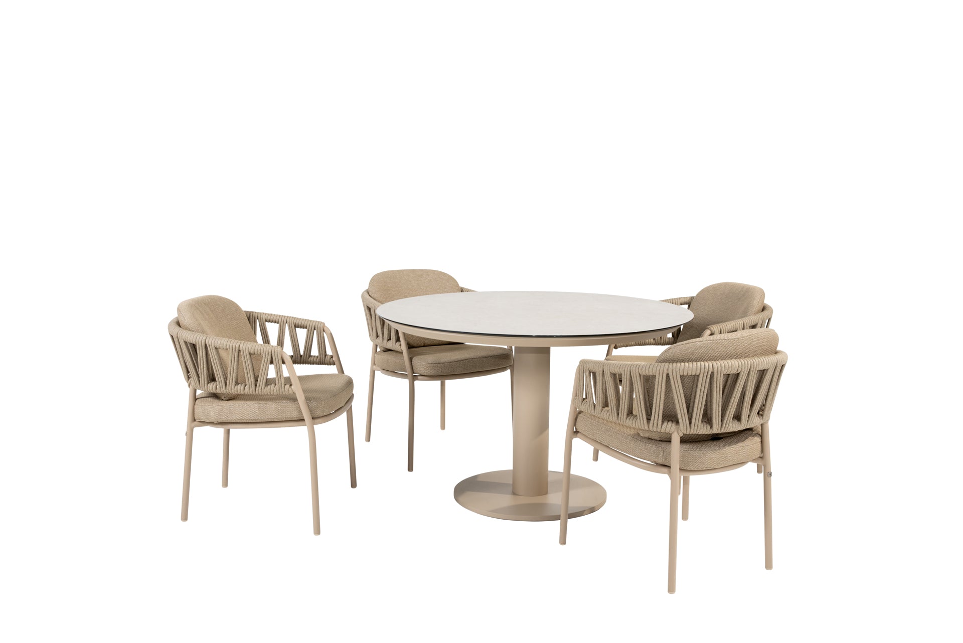Calma dining set latte with Sarah dining table latte printed ceramic 120cm - Complete Set