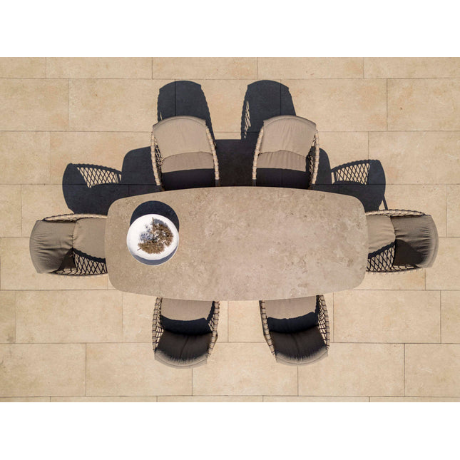 4 Jahreszeiten Outdoor Allora Essstuhl Latte + Taste 4SO Prado Tisch mit Keramiktisch Top Barrel Latte 240 cm