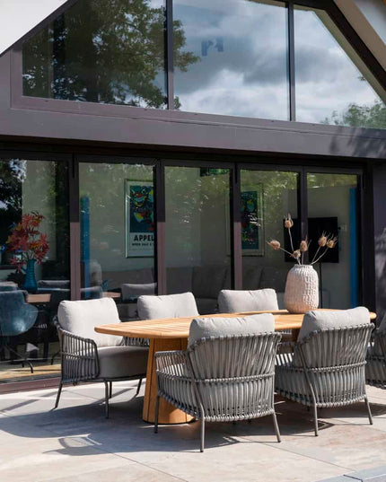 4 Seasons Outdoor Garten Set Capalbio Low Dining Stuhl + Taste 4SO Capri Low Ess Tisch Tisch-Fass-Form Teak 240 x 110 cm