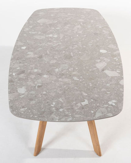 4 Seasons Outdoor Veneto Dining Olive + Montana Tischfass Teak -Basis mit Keramik -Terrazzo 240 cm