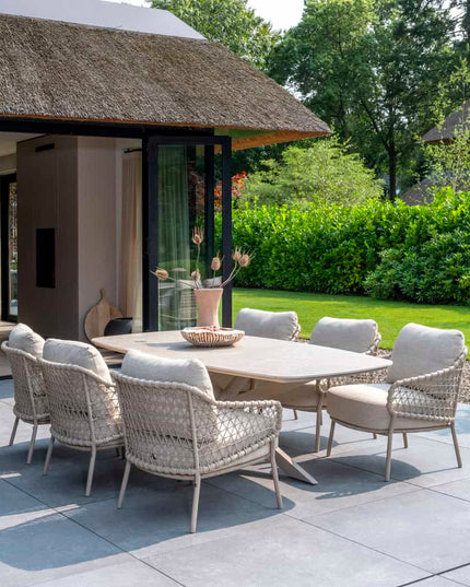 4 Seasons Outdoor Garten Sardinia niedriger Esstuhl + Nevada Low Ess Tisch-Fass-Form 250 cm Latte