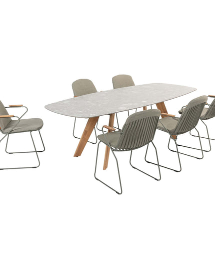 4 Seasons Outdoor Veneto Dining Olive + Montana Tischfass Teak -Basis mit Keramik -Terrazzo 240 cm