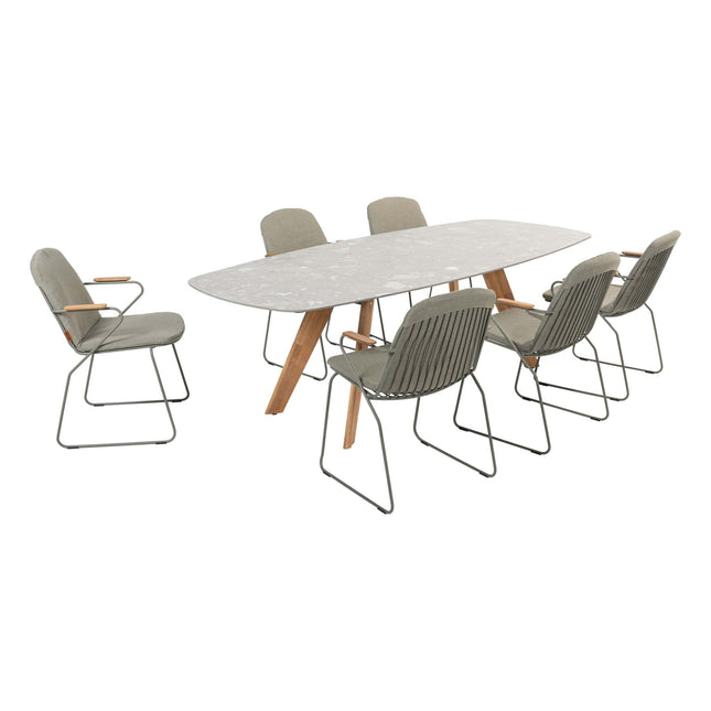 4 Seasons Outdoor Veneto Dining Olive + Montana Tischfass Teak -Basis mit Keramik -Terrazzo 240 cm