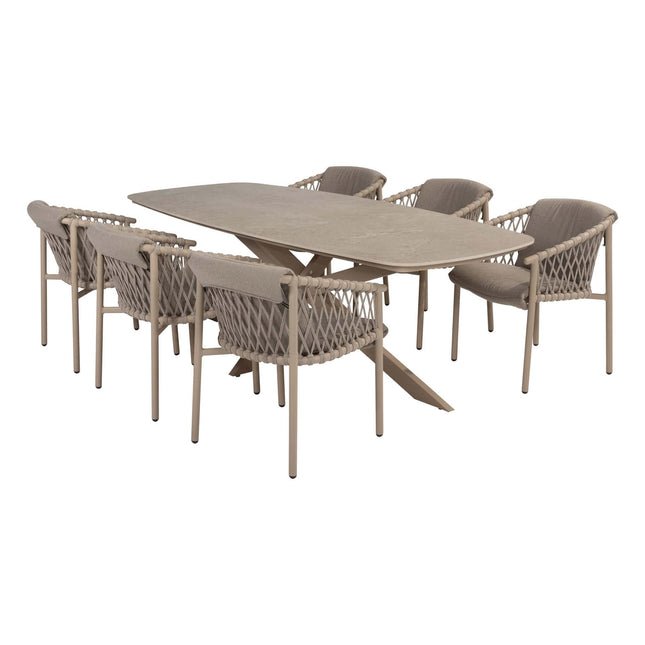 4 Jahreszeiten Outdoor Allora Essstuhl Latte + Taste 4SO Prado Tisch mit Keramiktisch Top Barrel Latte 240 cm