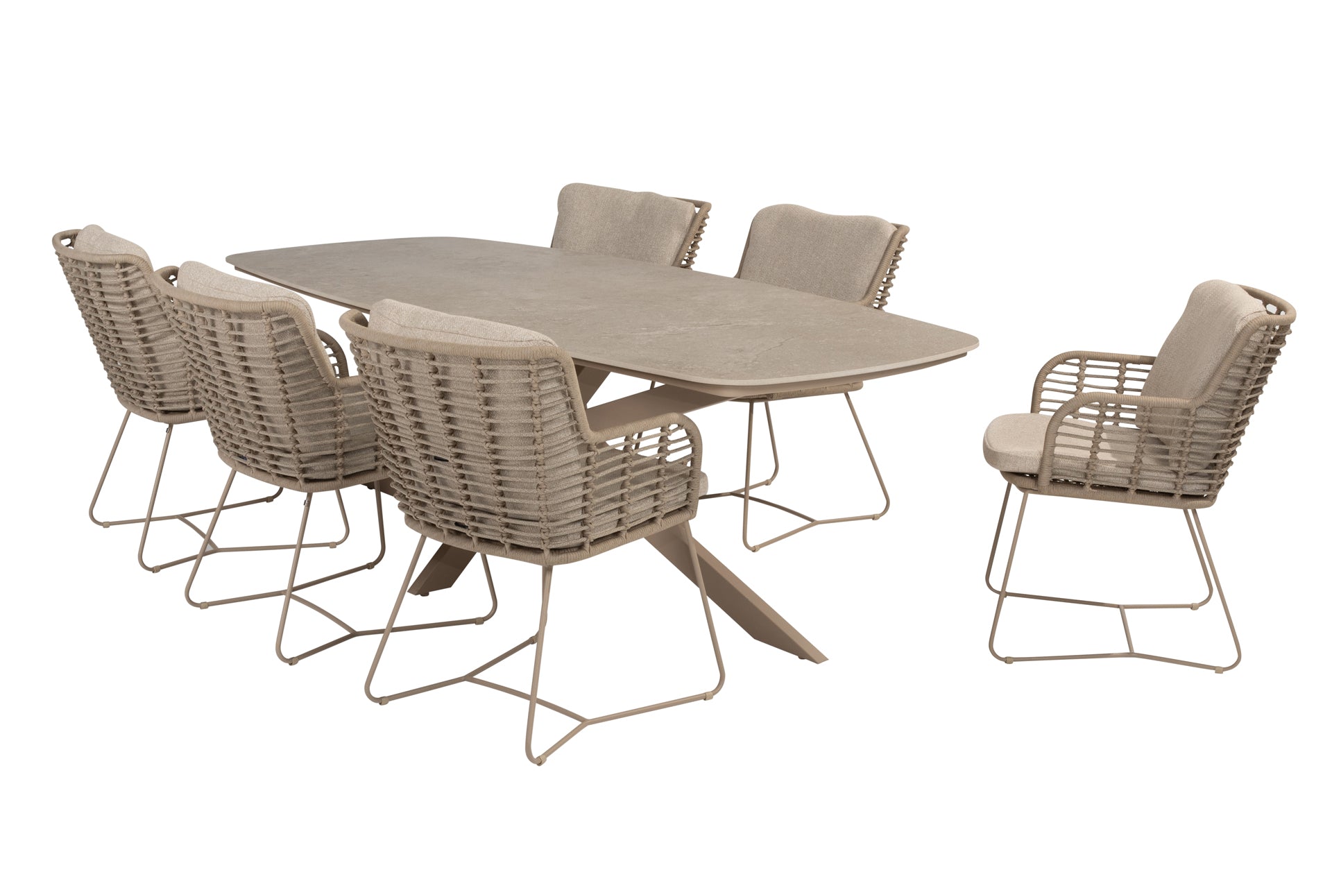 Fabrice dining set Latte with Prado barrel dining table 240x105cm - Complete Set