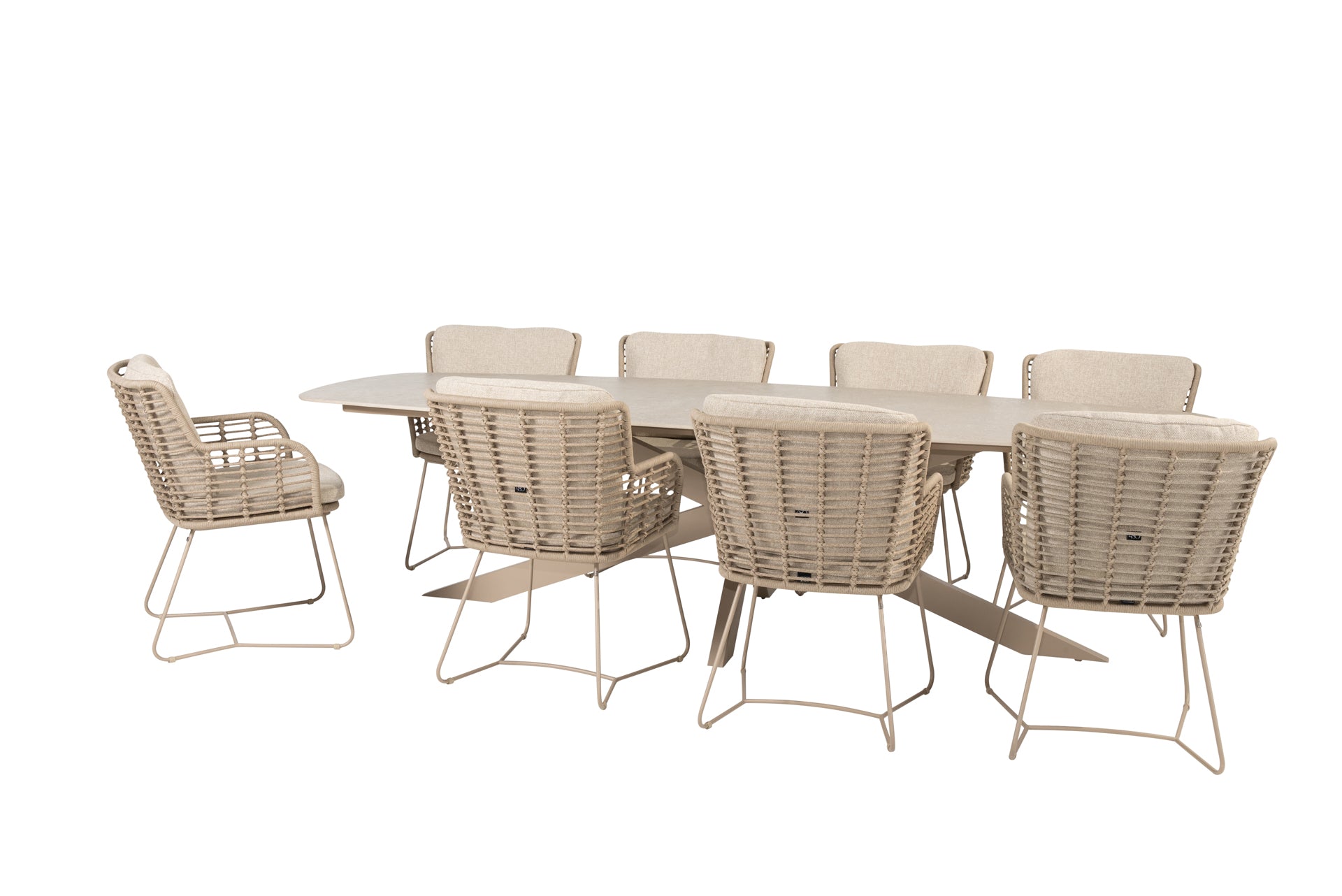 Fabrice dining set latte with Prado sabia panna dining table latte 300 x 115cm - Complete Set