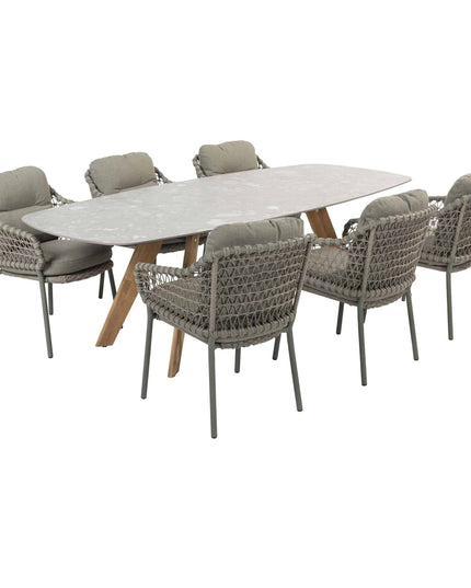 4 Saisons Outdoor Jura Dining + Montana Tisch Fass Keramik Terrazzo 240 cm Teak -Chassis