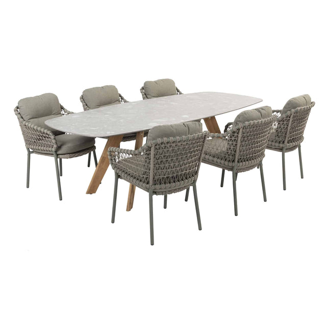 4 Seasons Outdoor Jura Dining + Montana Tisch Fass Keramik Terrazzo 240 cm Teak -Chassis
