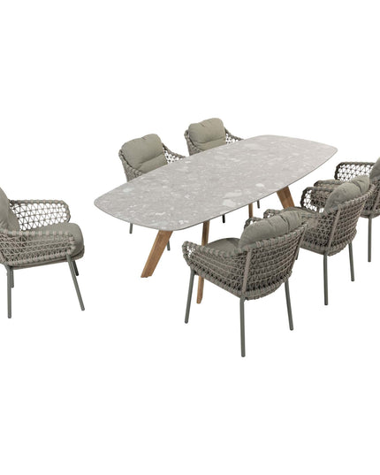 4 Saisons Outdoor Jura Dining + Montana Tisch Fass Keramik Terrazzo 240 cm Teak -Chassis