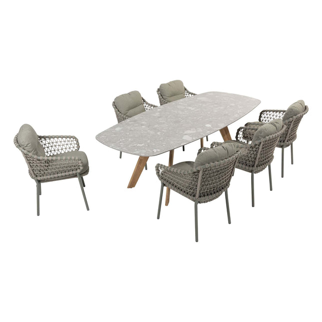 4 Seasons Outdoor Jura Dining + Montana Tisch Fass Keramik Terrazzo 240 cm Teak -Chassis