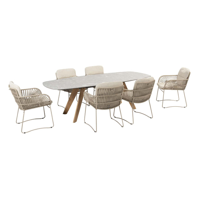 4 Jahreszeiten Outdoor Murcia Dining Latte + Montana Tisch Fass Keramik Terrazzo 240 cm Teak -Chassis