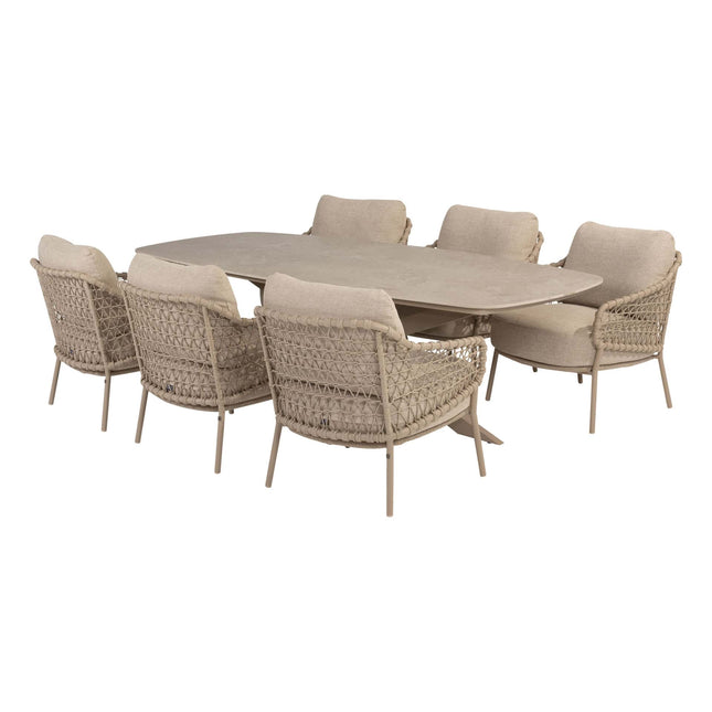 4 Seasons Outdoor Garten Sardinia niedriger Esstuhl + Nevada Low Ess Tisch-Fass-Form 250 cm Latte