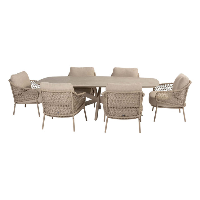4 Seasons Outdoor Garten Sardinia niedriger Esstuhl + Nevada Low Ess Tisch-Fass-Form 250 cm Latte