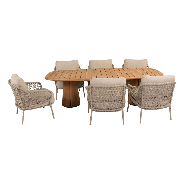 4 Seasons Outdoor Garten Sardinia niedriger Esstuhl + Taste 4SO Capri Low Ess Tisch Tisch-Fass-Form Teak 240 x 110 cm