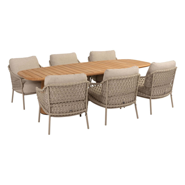 4 Seasons Outdoor Garten Sardinia niedriger Esstuhl + Taste 4SO Capri Low Ess Tisch Tisch-Fass-Form Teak 240 x 110 cm