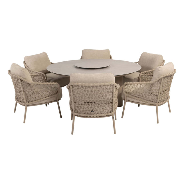 4 Seasons Outdoor Garten Sardinia niedriger Esstuhl + Taste 4SO Donato Low Dining Tabelle 160 cm Ø Latte