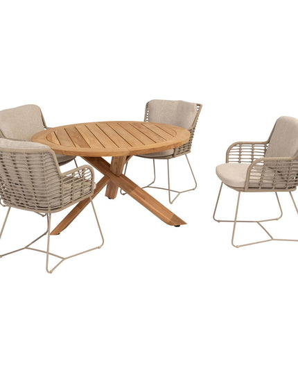 4 Seasons Outdoor Fabrice Essstuhl Latte + Geschmack 4SO Prado Teaktisch 130 Ø CM Teak -Teakbasis