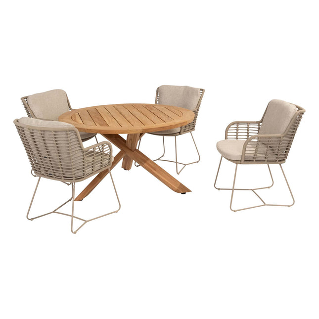 4 Seasons Outdoor Fabrice Essstuhl Latte + Taste 4SO Prado Teaktisch 130 Ø CM Teak -Teakbasis