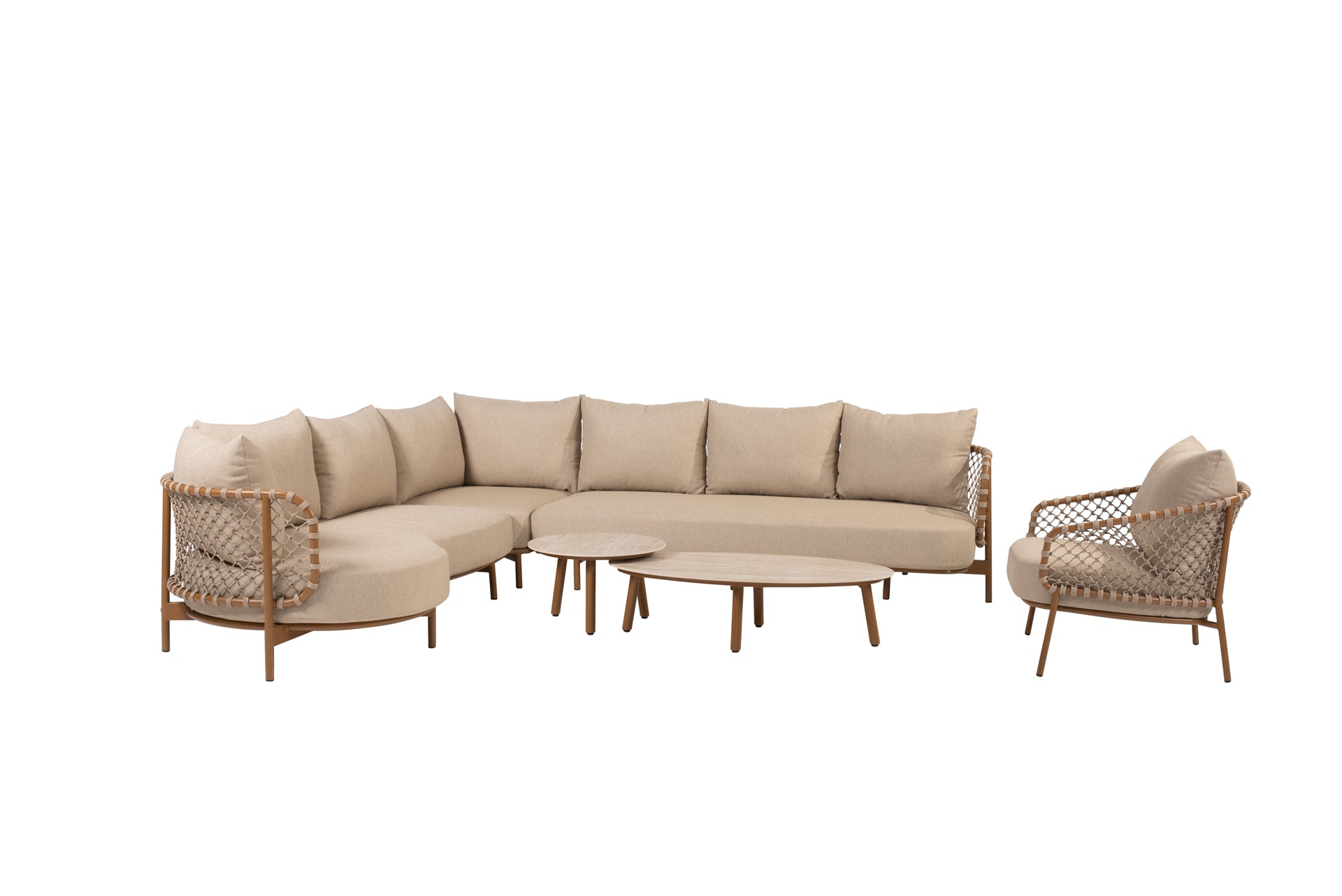 Martinique modular corner lounge set amber with lounge chair and Salute tables oval+round - Complete Set