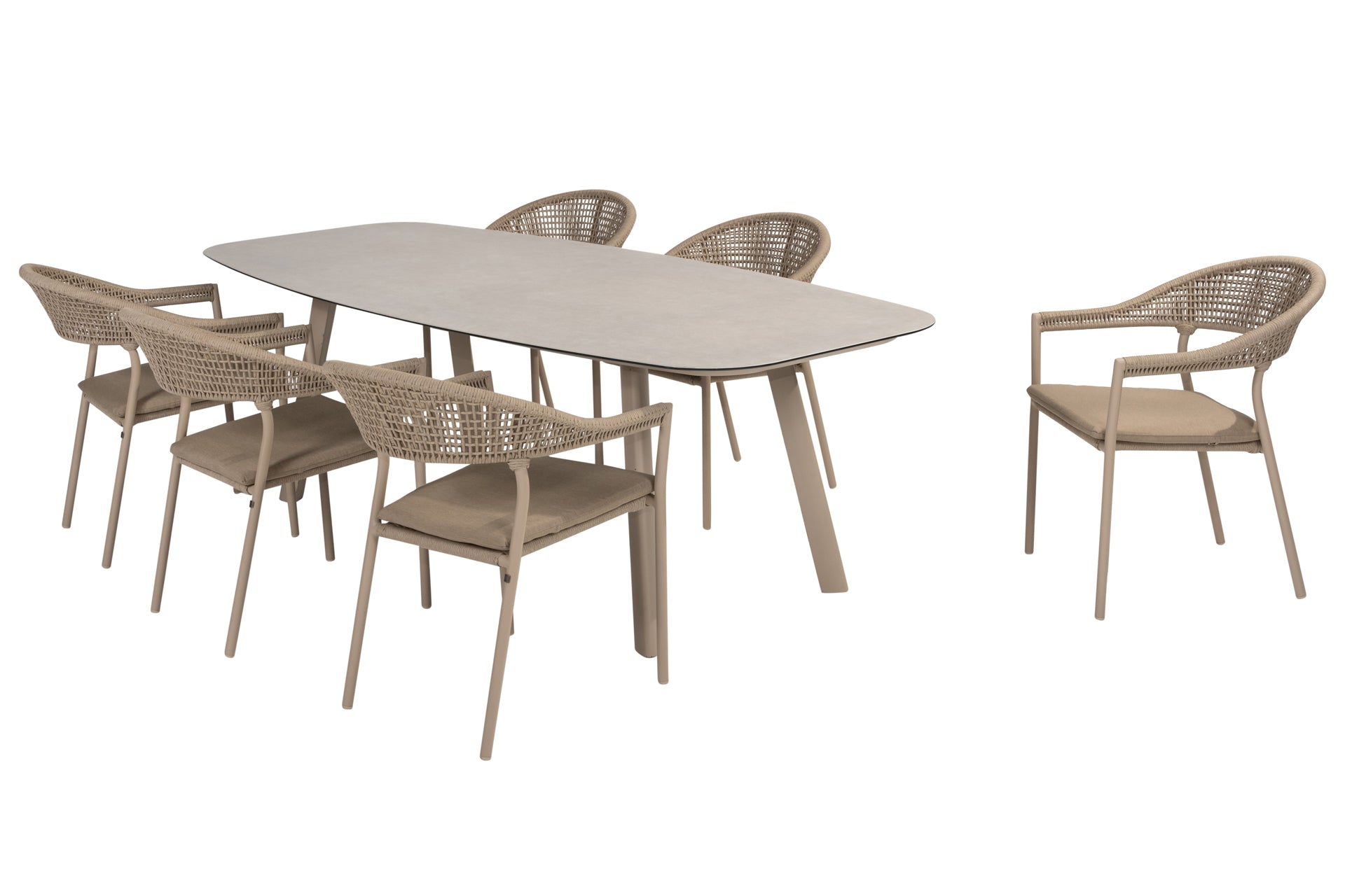Sienna dining set Latte with Manolo barrel table 240x103cm - Complete Set