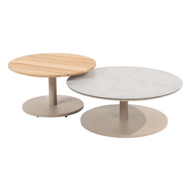 Taste 4SO Sara Set von 2 Kaffeetischen Zentralbein Latte, 65 und 80 cm Ø bedruckte Keramik / Teak -Top