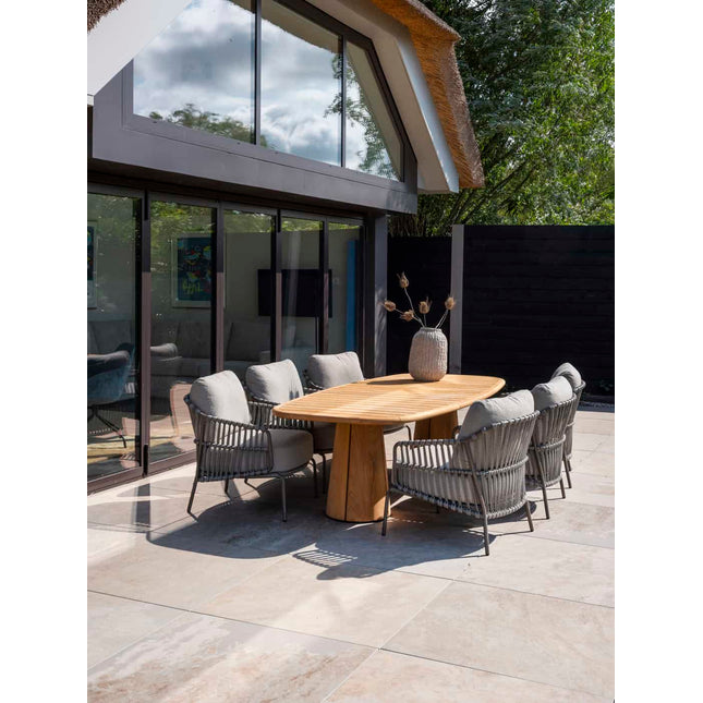 4 Seasons Outdoor Garten Set Capalbio Low Dining Stuhl + Taste 4SO Capri Low Ess Tisch Tisch-Fass-Form Teak 240 x 110 cm