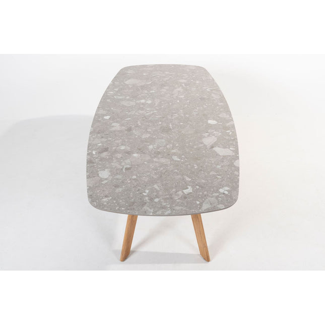 4 Seasons Outdoor Veneto Dining Olive + Montana Tischfass Teak -Basis mit Keramik -Terrazzo 240 cm