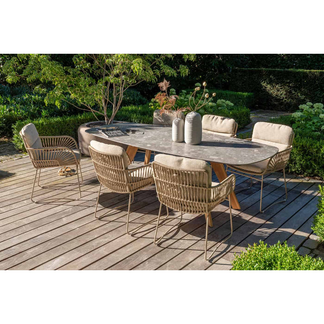 4 Jahreszeiten Outdoor Murcia Dining Latte + Montana Tisch Fass Keramik Terrazzo 240 cm Teak -Chassis