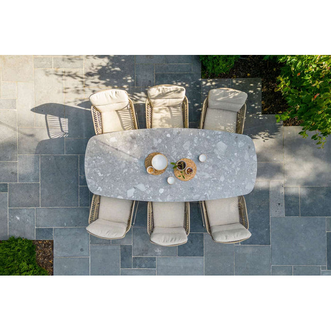 4 Jahreszeiten Outdoor Murcia Dining Latte + Montana Tisch Fass Keramik Terrazzo 240 cm Teak -Chassis
