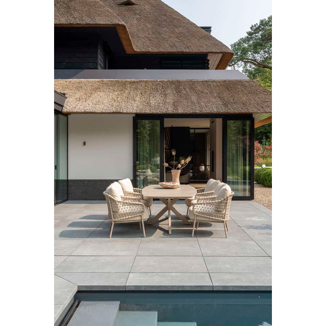 4 Seasons Outdoor Garten Sardinia niedriger Esstuhl + Nevada Low Ess Tisch-Fass-Form 250 cm Latte